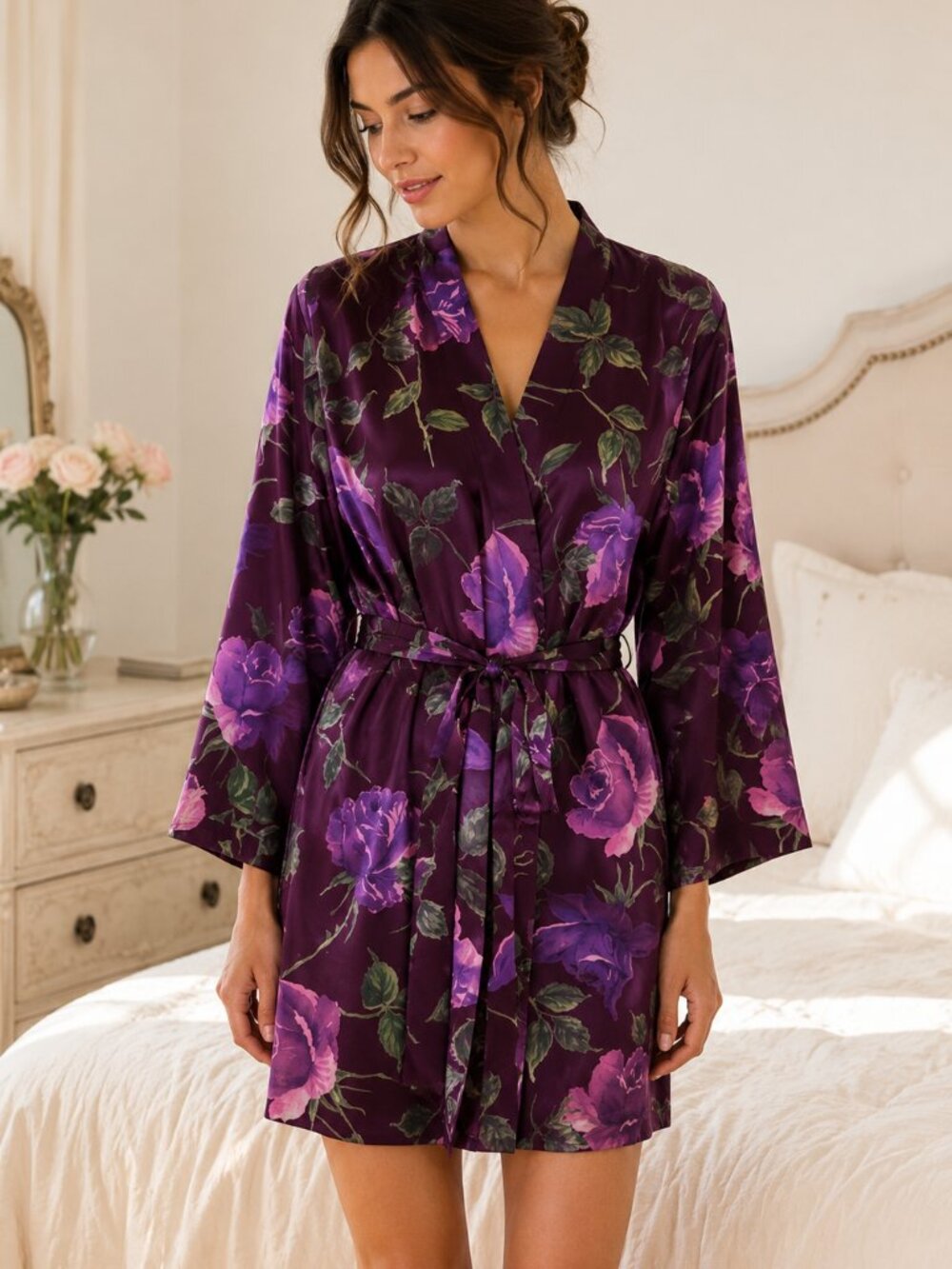 Morgan Taylor Robe Womens S Purple Floral Satin Kimono Short Wrap Lingerie